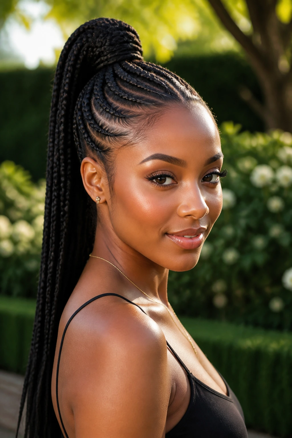 Portrait of a woman with a high ponytail Ghana braids in a sunlit outdoor garden