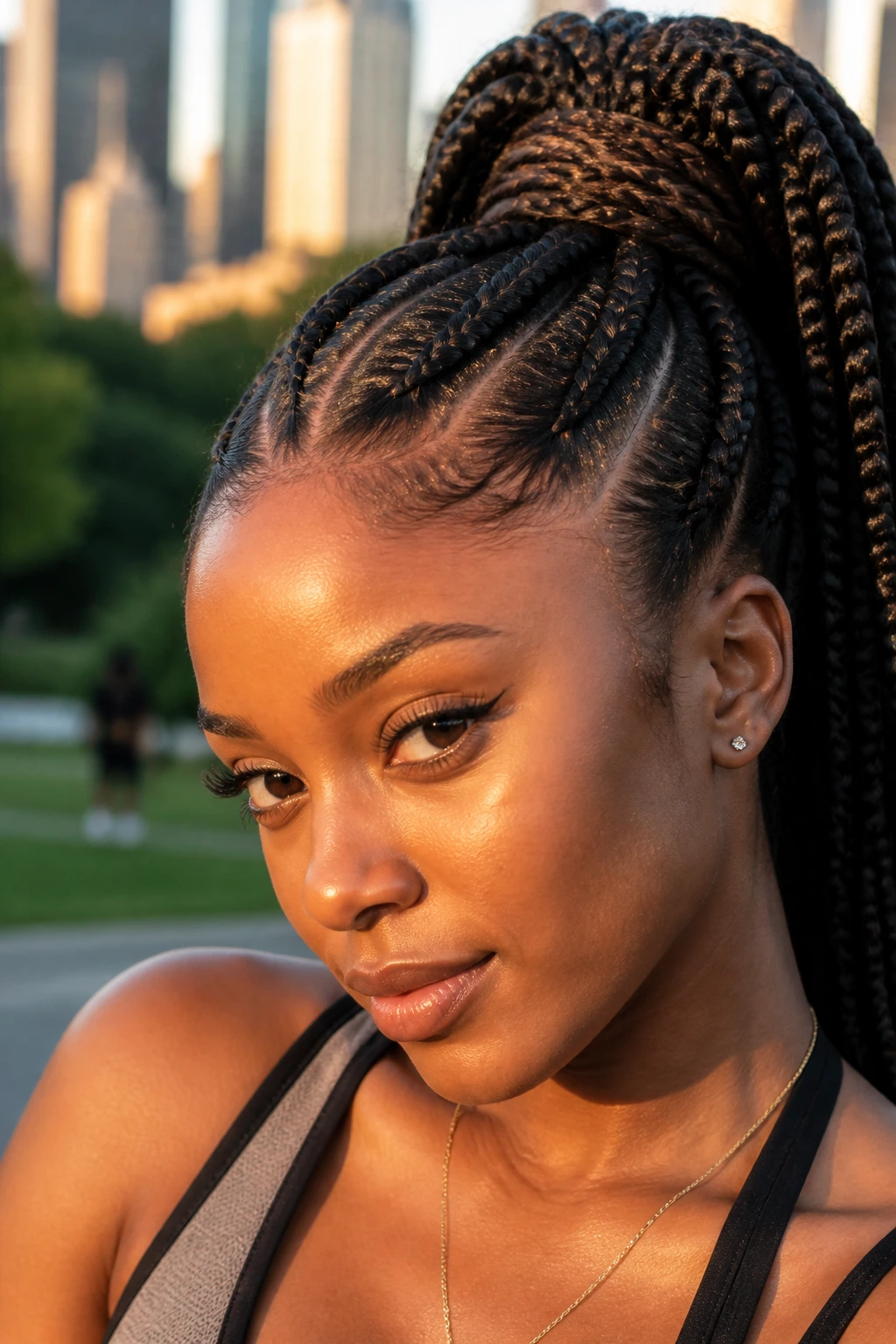 Close-up of a person with a high ponytail Ghana braid outdoors
