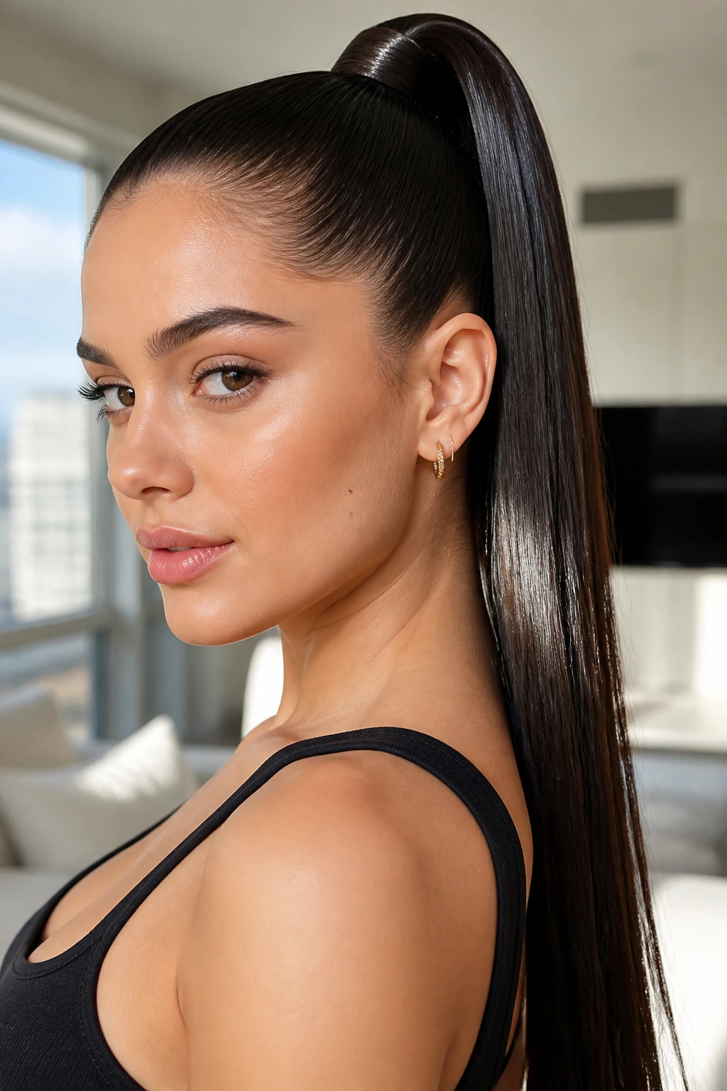 Portrait of a real woman with a high, glossy straight ponytail.