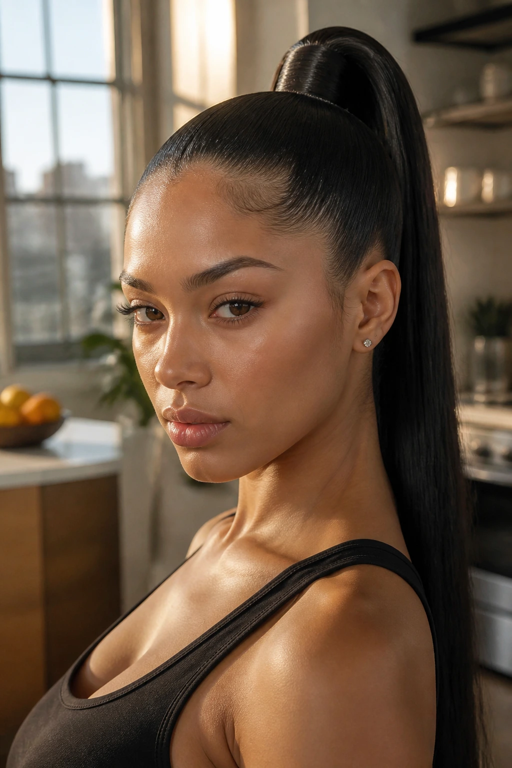 Close-up portrait of a real woman with a high glossy ponytail in a sunlit loft kitchen.