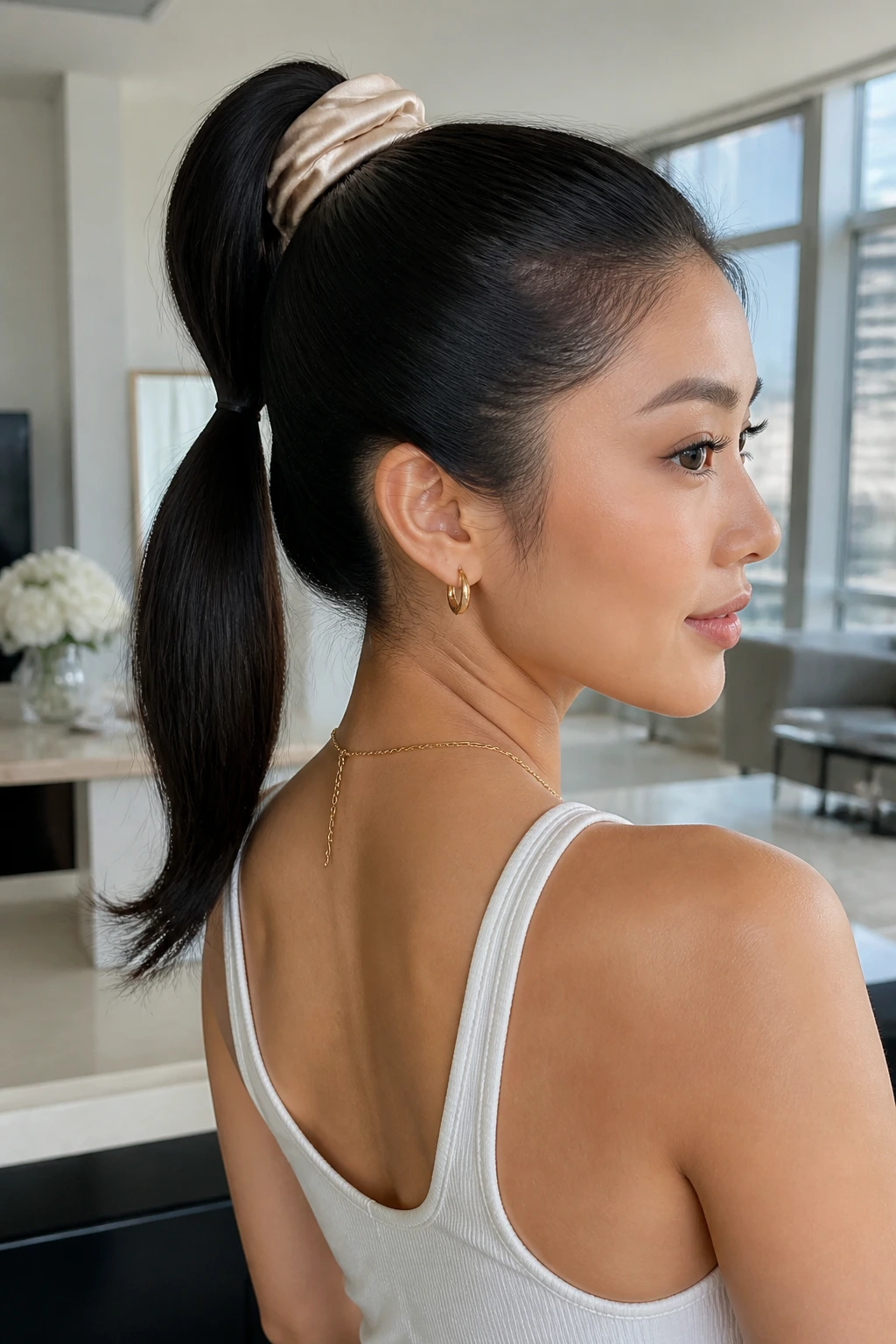 Real woman with a sleek high ponytail showing double-deck base
