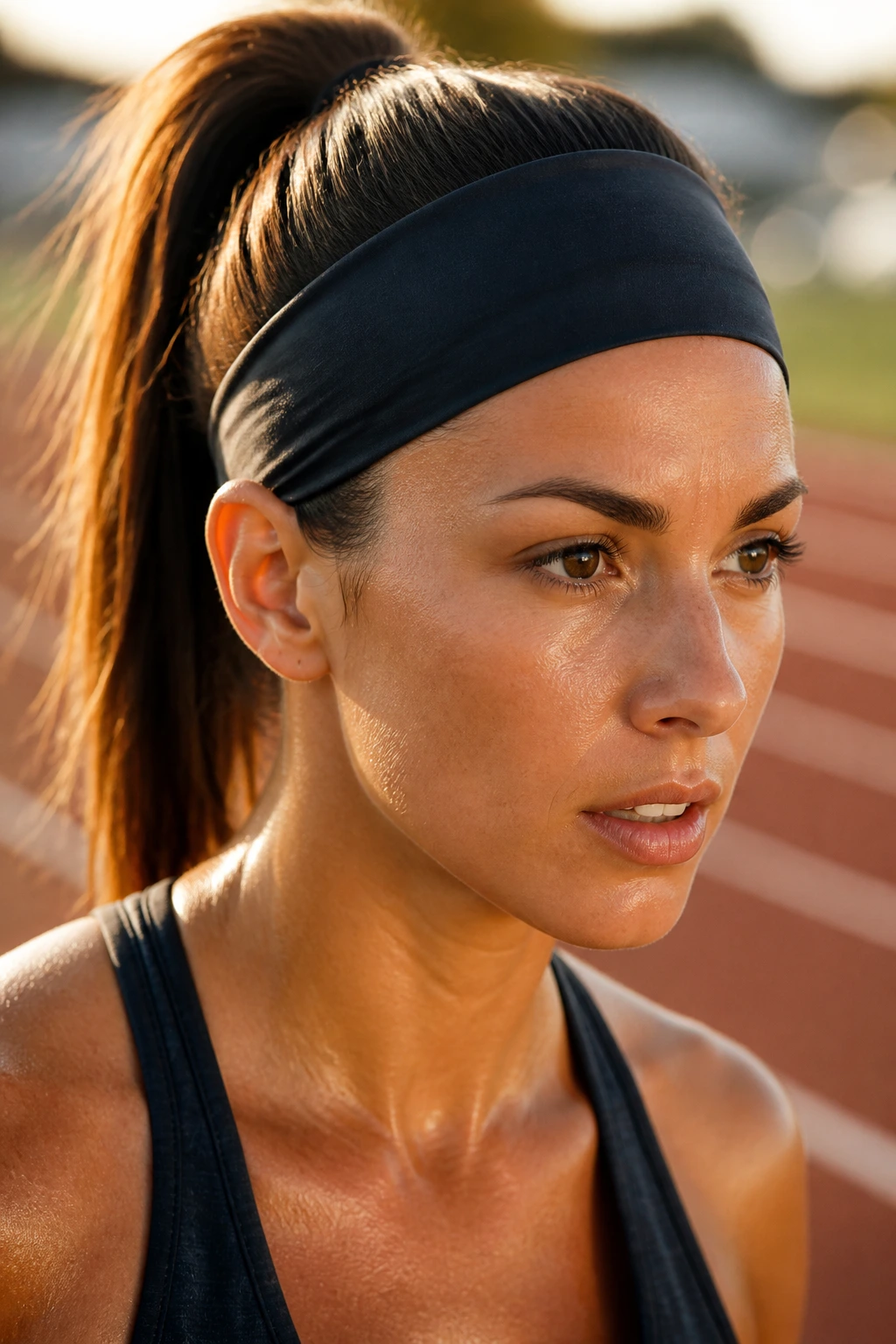 Close-up of a real woman with high ponytail and wide headband