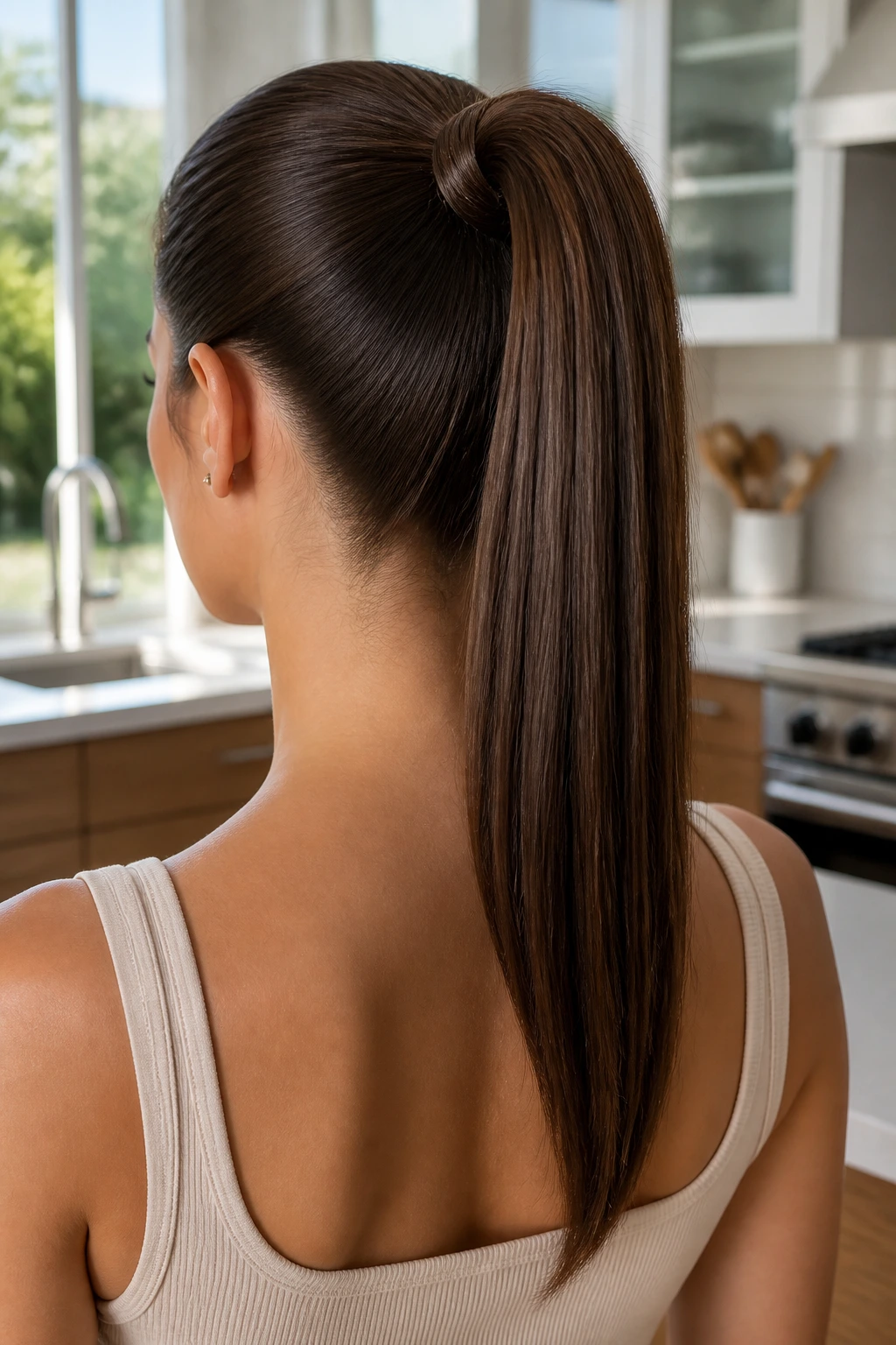 Back view of a woman with a sleek high ponytail and hidden elastic.