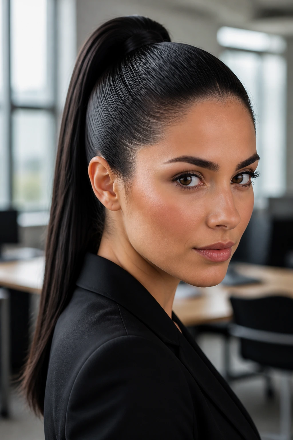 Close-up portrait of a real woman with a structured high ponytail in a bright office background