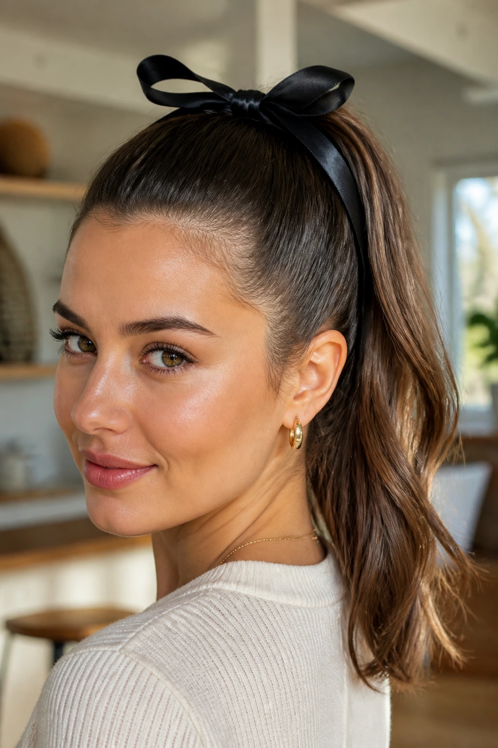 Close-up of a real woman wearing a high ponytail with a ribbon bow