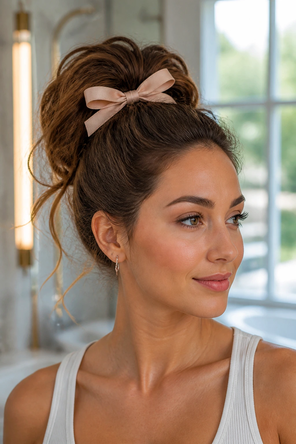 Close-up of a real woman with a high puff ponytail and a ribbon tied under the ponytail.