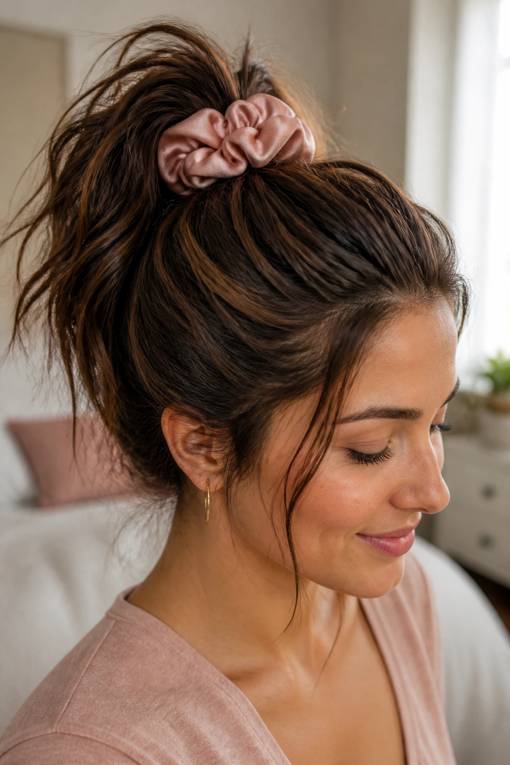 Close-up of a woman with a high messy ponytail and velvet scrunchie in a softly lit bedroom