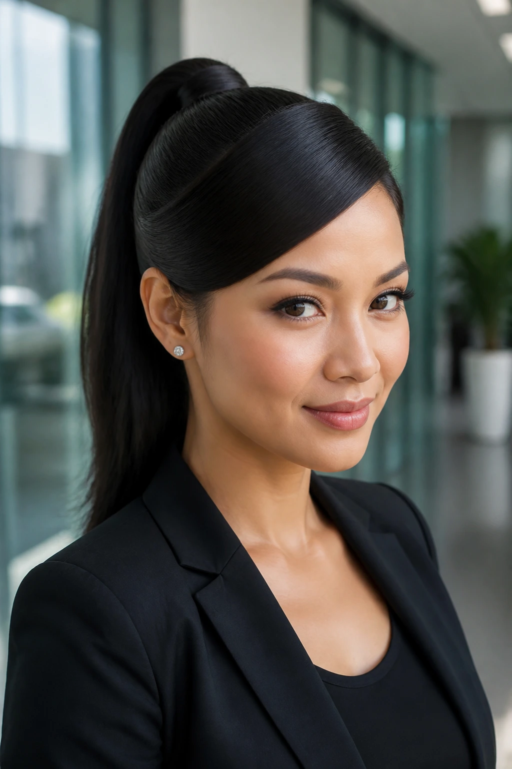 Close-up of a woman with a sleek high ponytail and deep side sweep in an office setting
