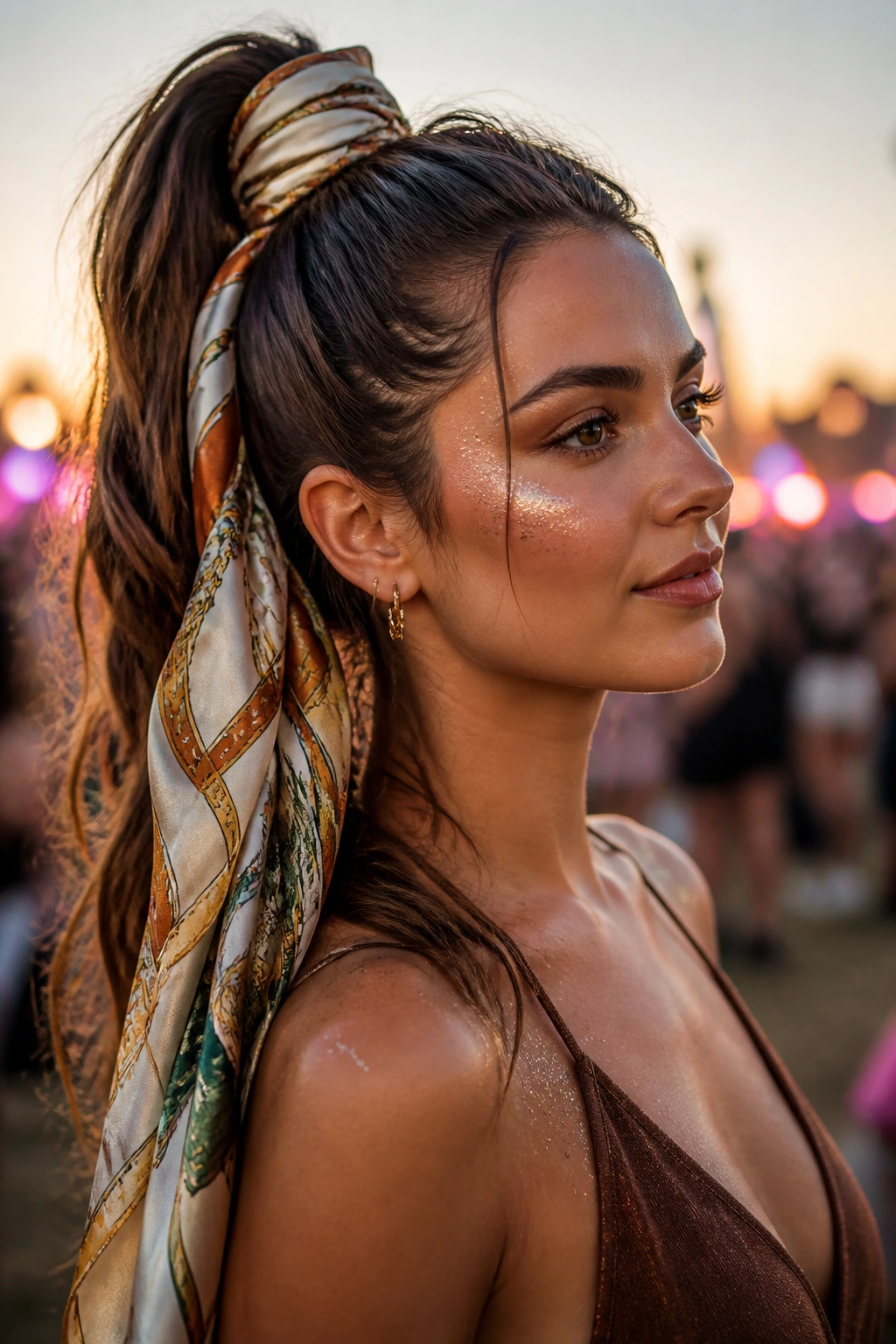 Close-up of a real woman with a wrapped silk scarf ponytail at festival
