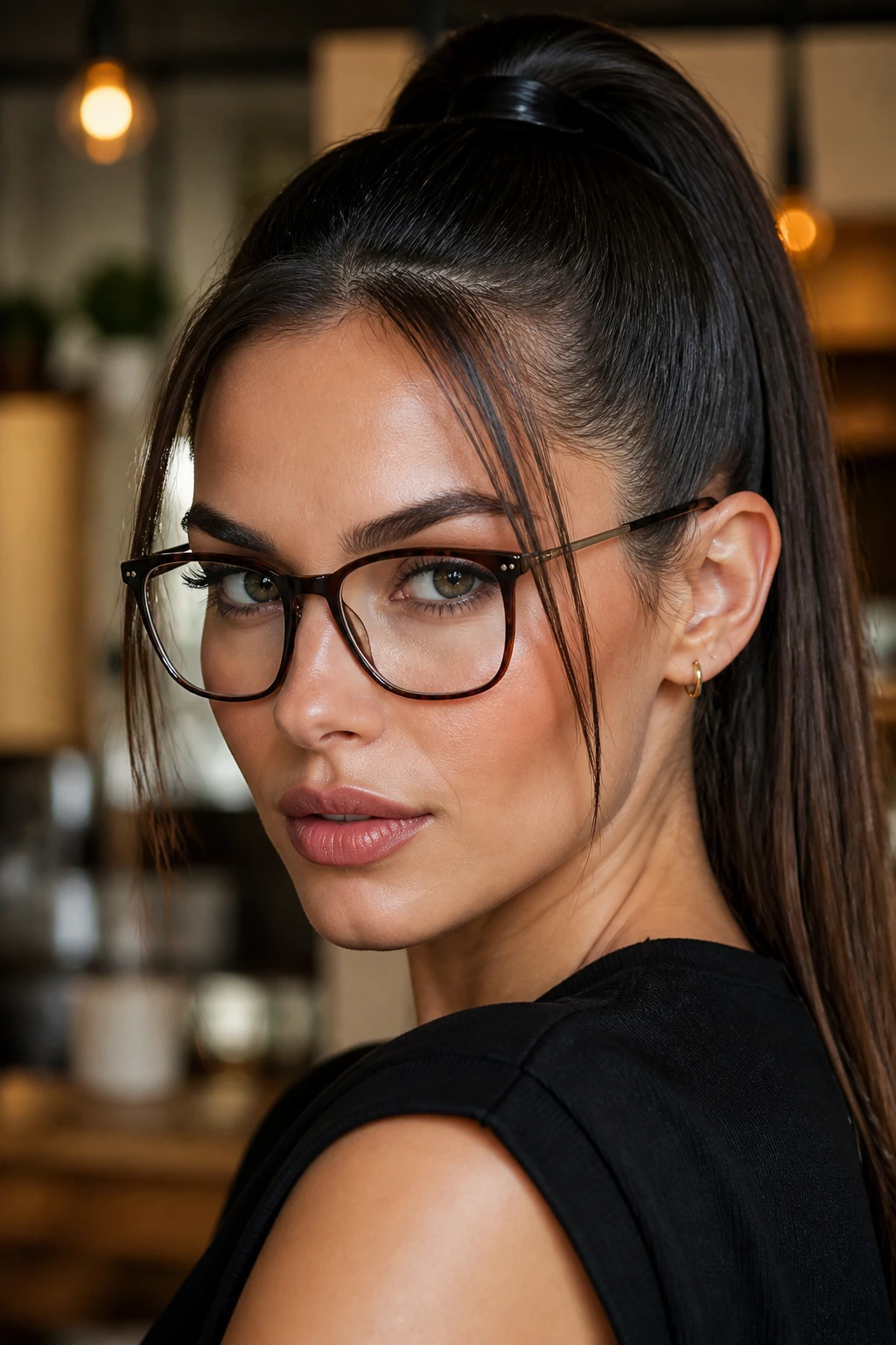 Portrait of a person with a sleek high ponytail highlighting cheekbones.