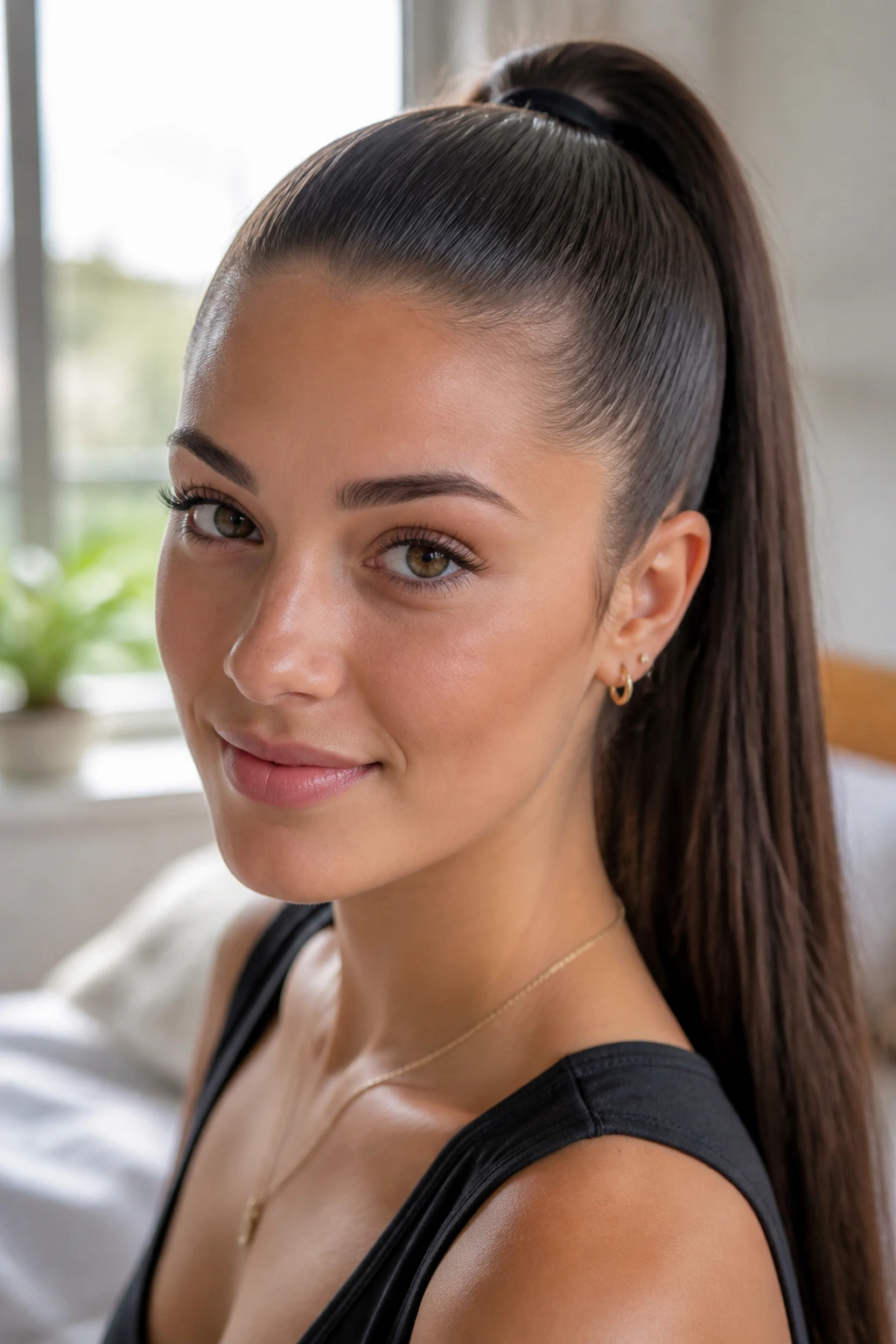 Close-up of a real woman with a sleek high ponytail in natural daylight