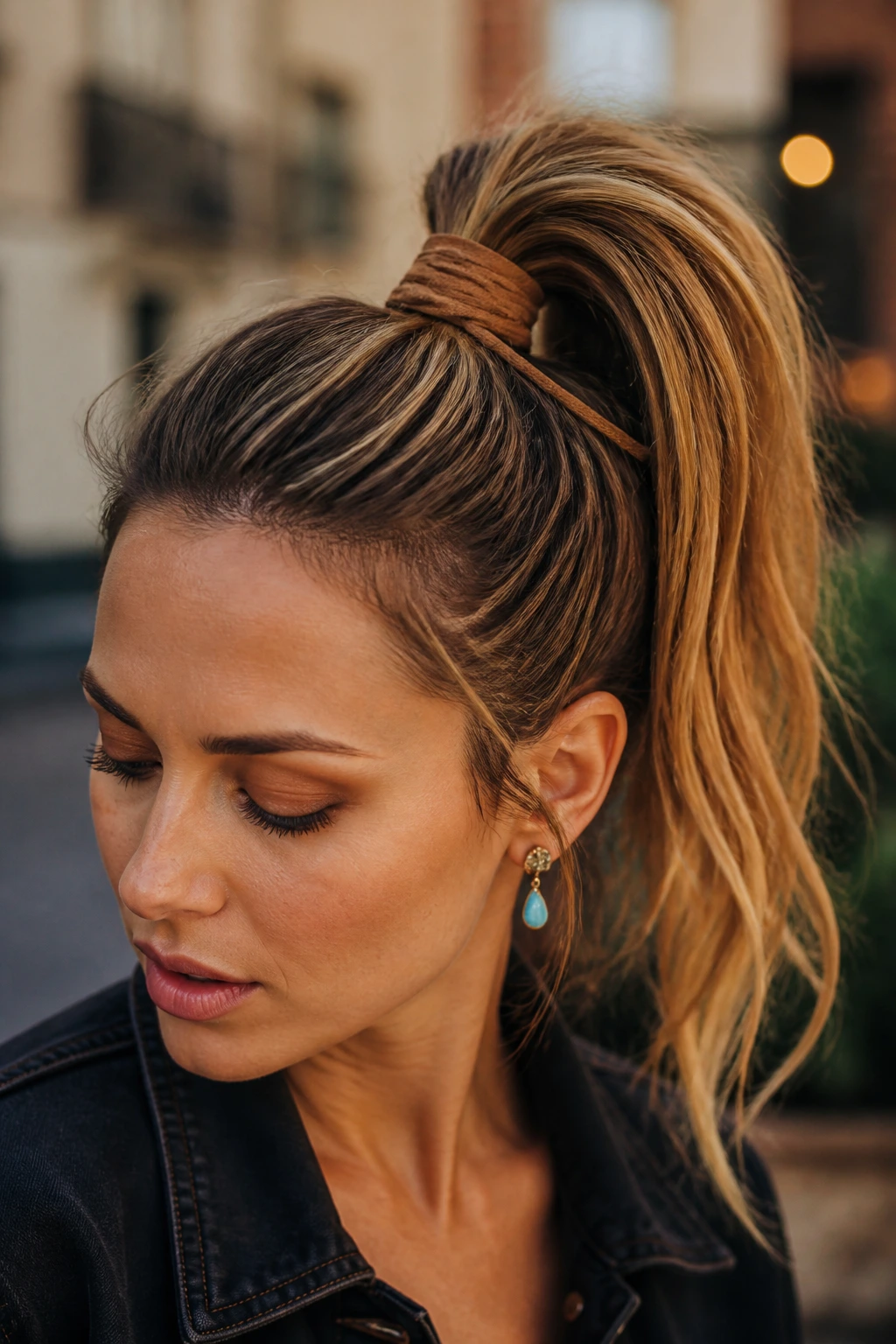 Close-up of high ponytail wrapped with suede cord on a real person
