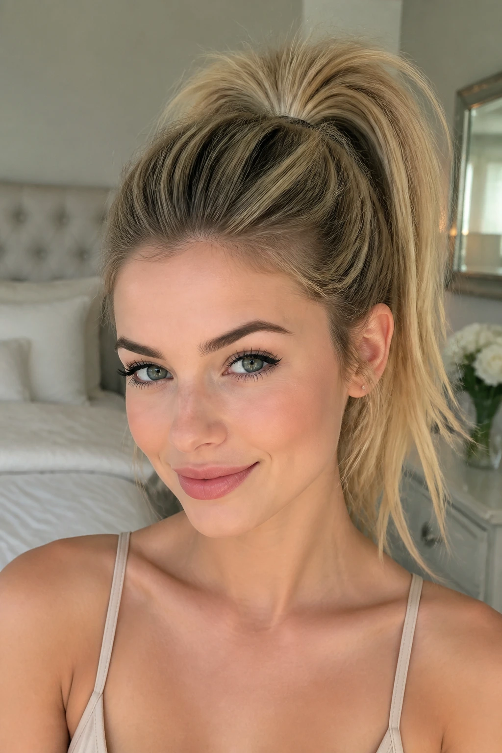 Close-up of a real woman with teased crown and high ponytail in bright bedroom