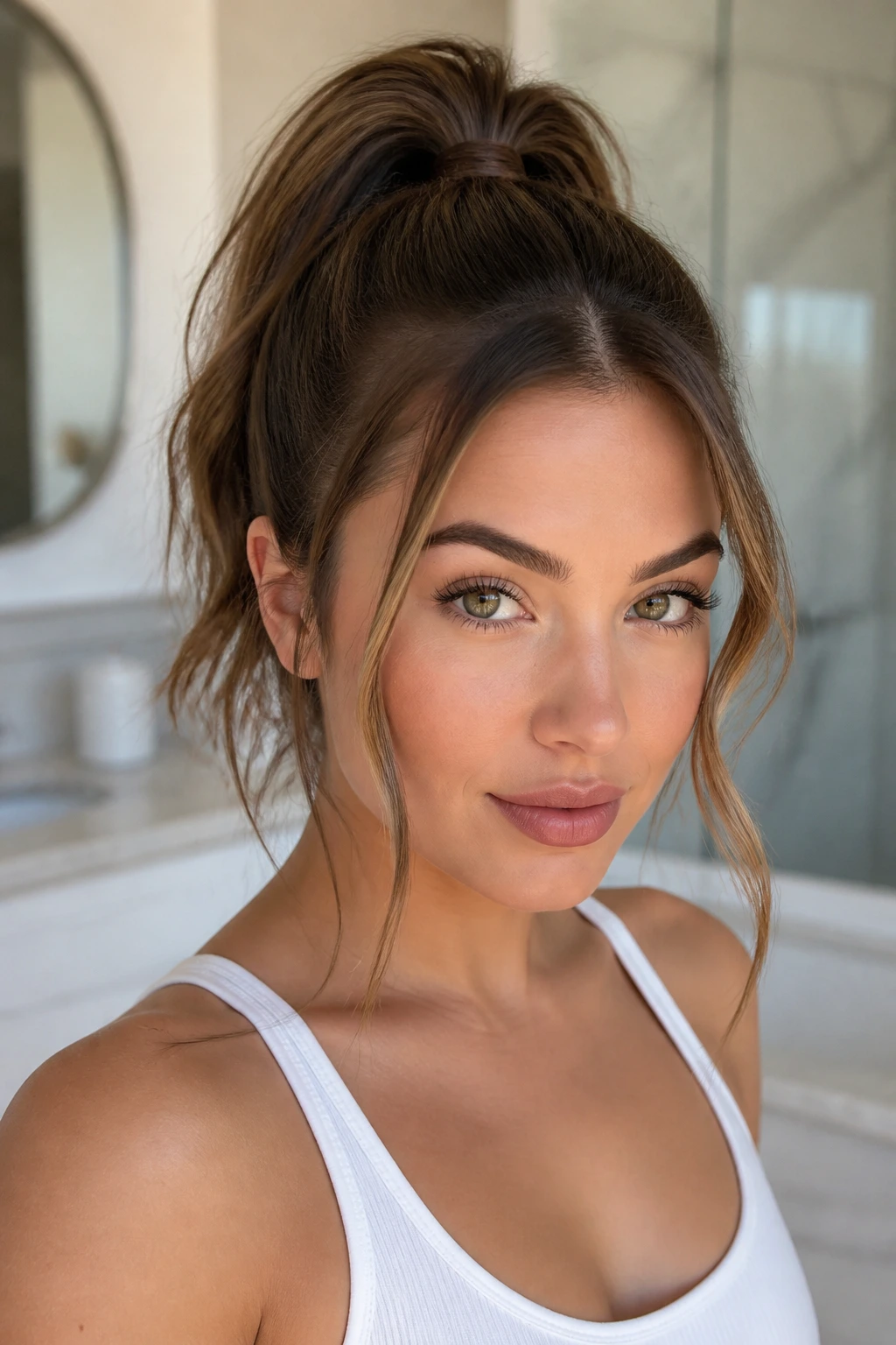 Close-up of a real woman with a high ponytail and face-framing tendrils in natural light