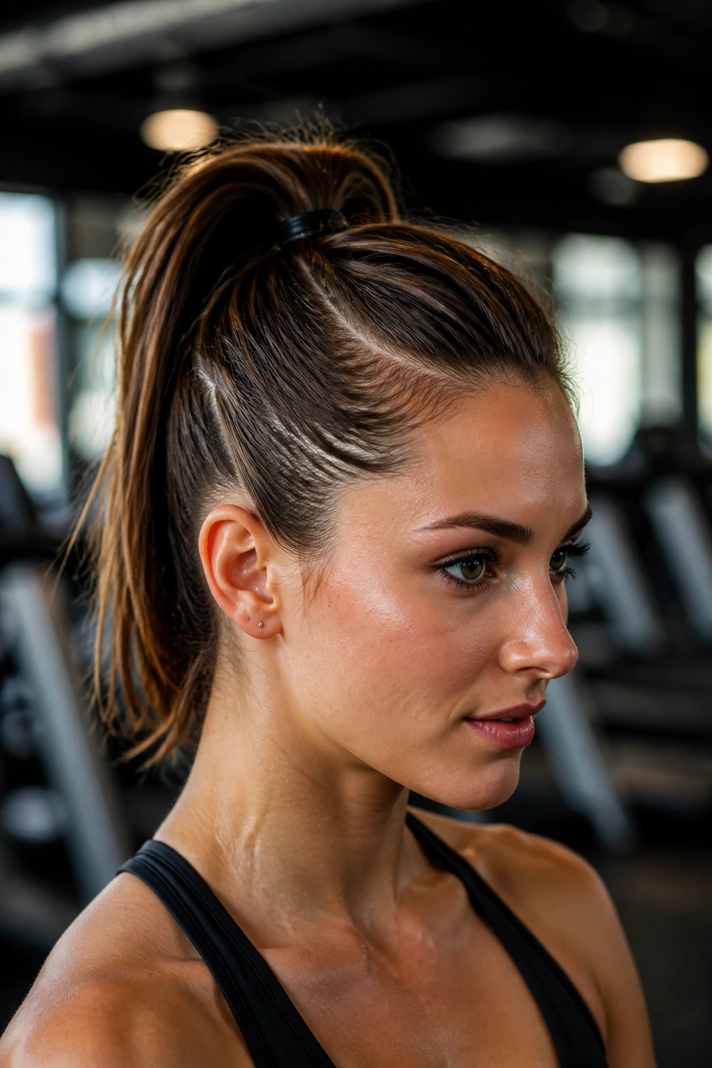 Close-up of a real woman with a high ponytail and tucked-in part during a workout