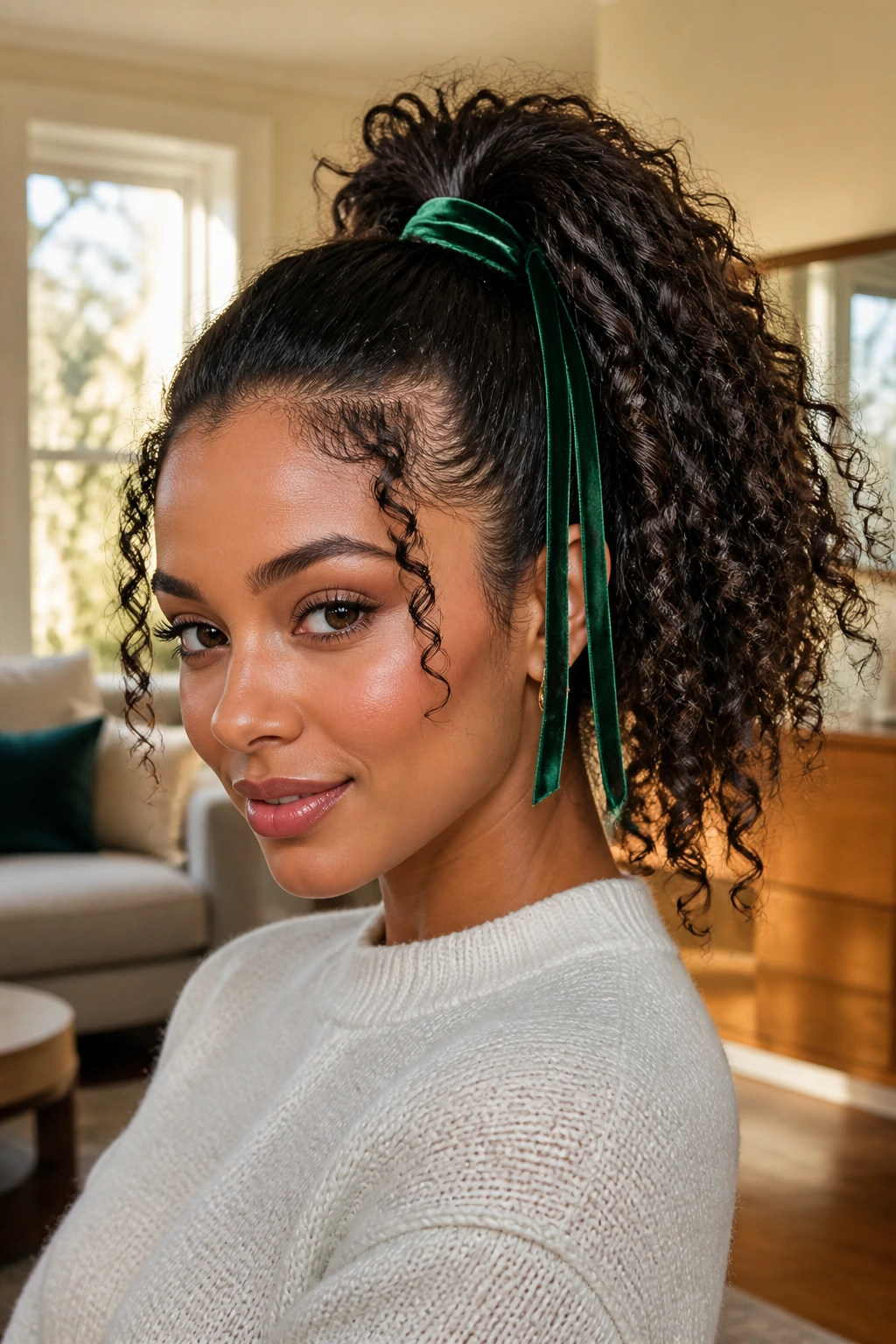 Close-up of a real woman with a high ponytail wrapped in emerald velvet ribbon.
