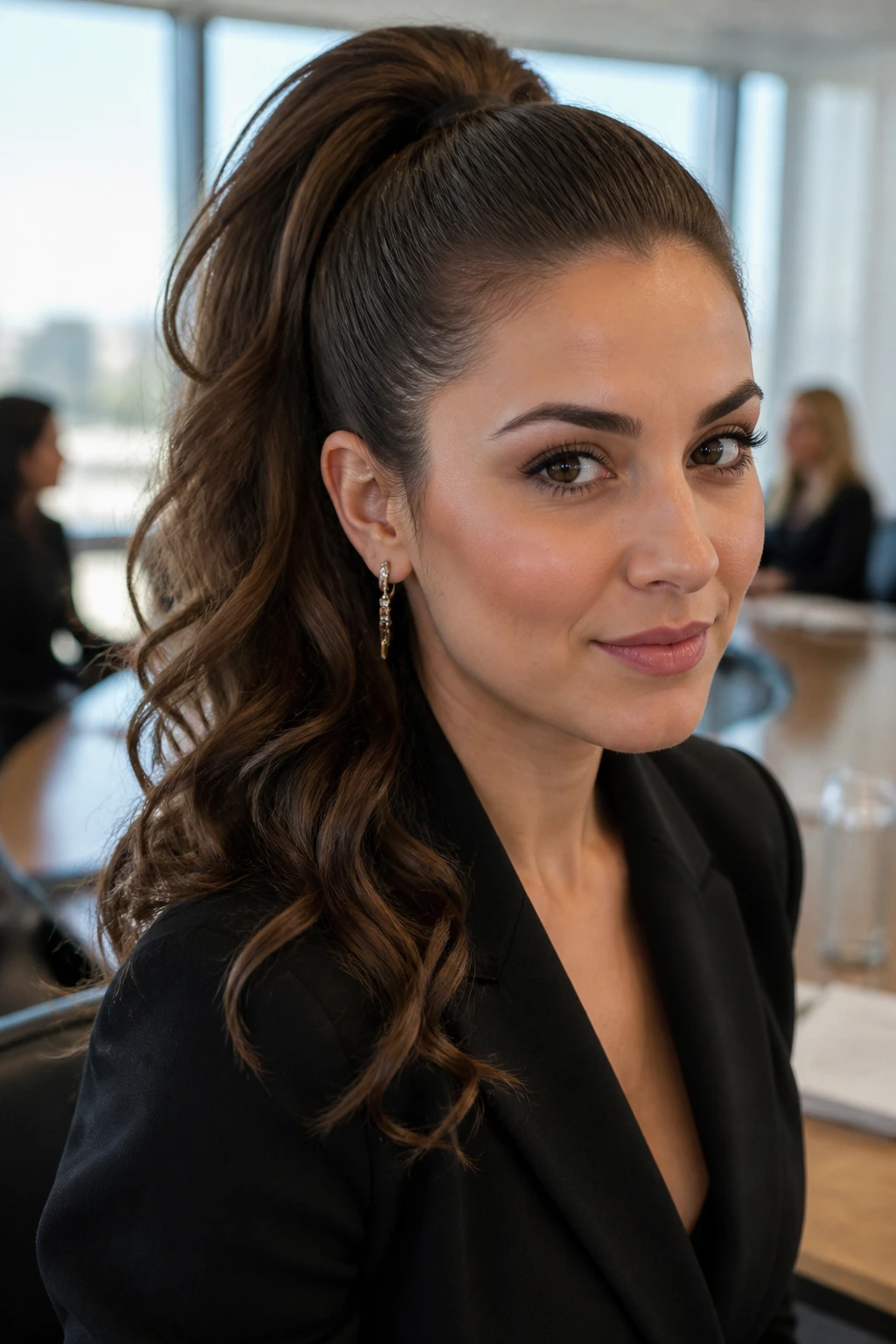 Woman with a high ponytail and waves in a bright office setting