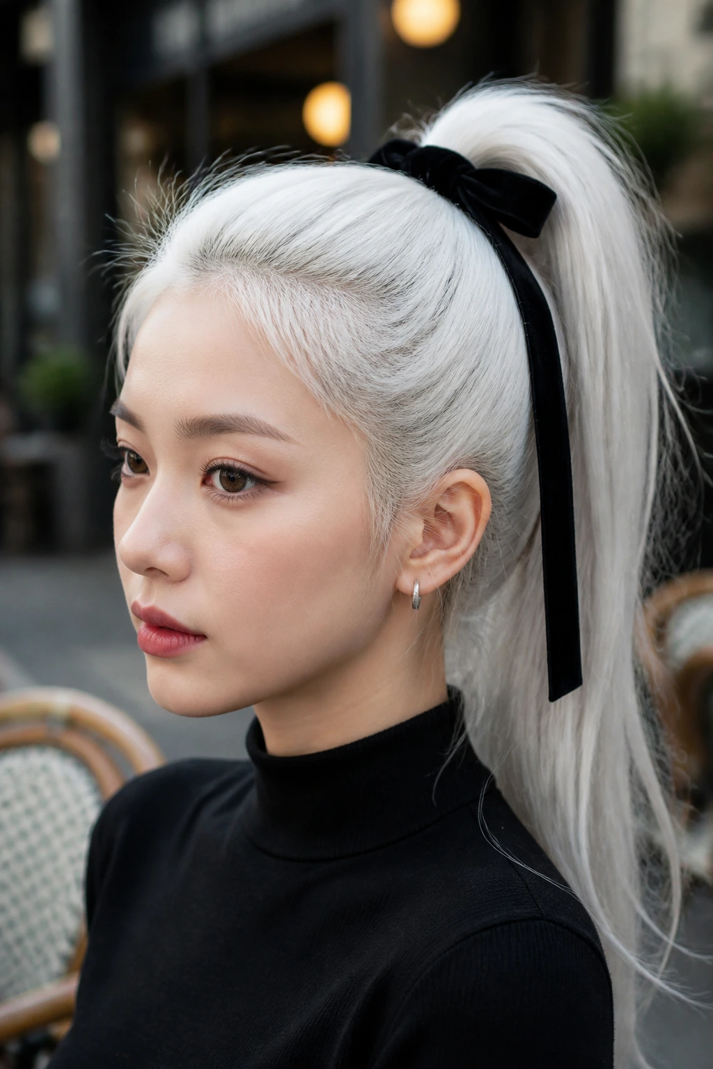 Portrait of a real woman with a high white ponytail and velvet ribbon in an urban setting