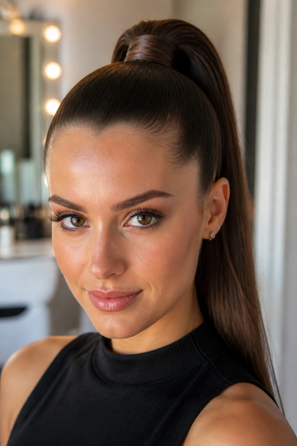 Close-up portrait of a real woman with wrapped sleek high ponytail