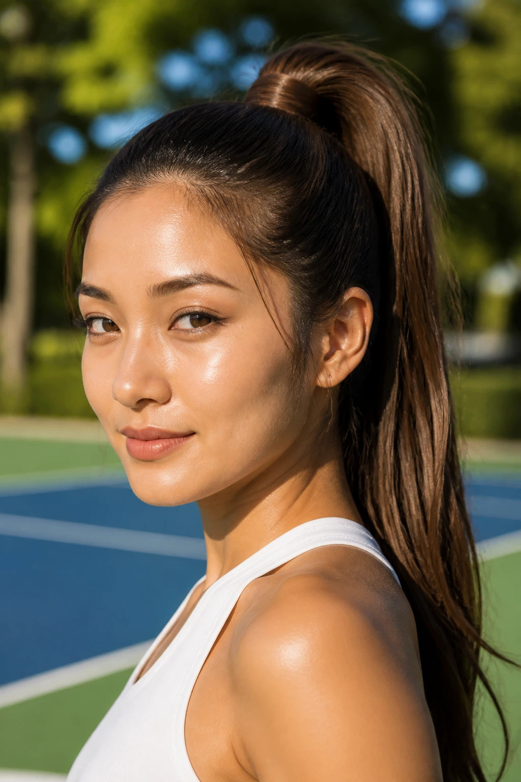 Close-up of a real person with a high ponytail and wrap-around hair detail on a sunny outdoor court