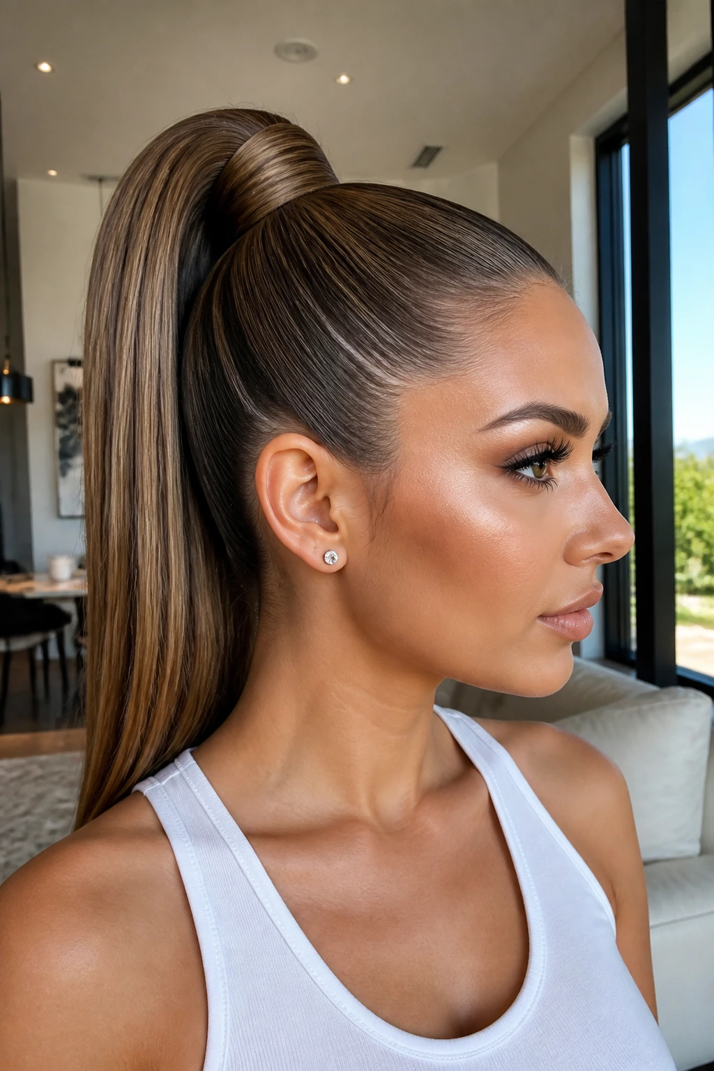 Real person with a sleek high ponytail and wrapped base detail.