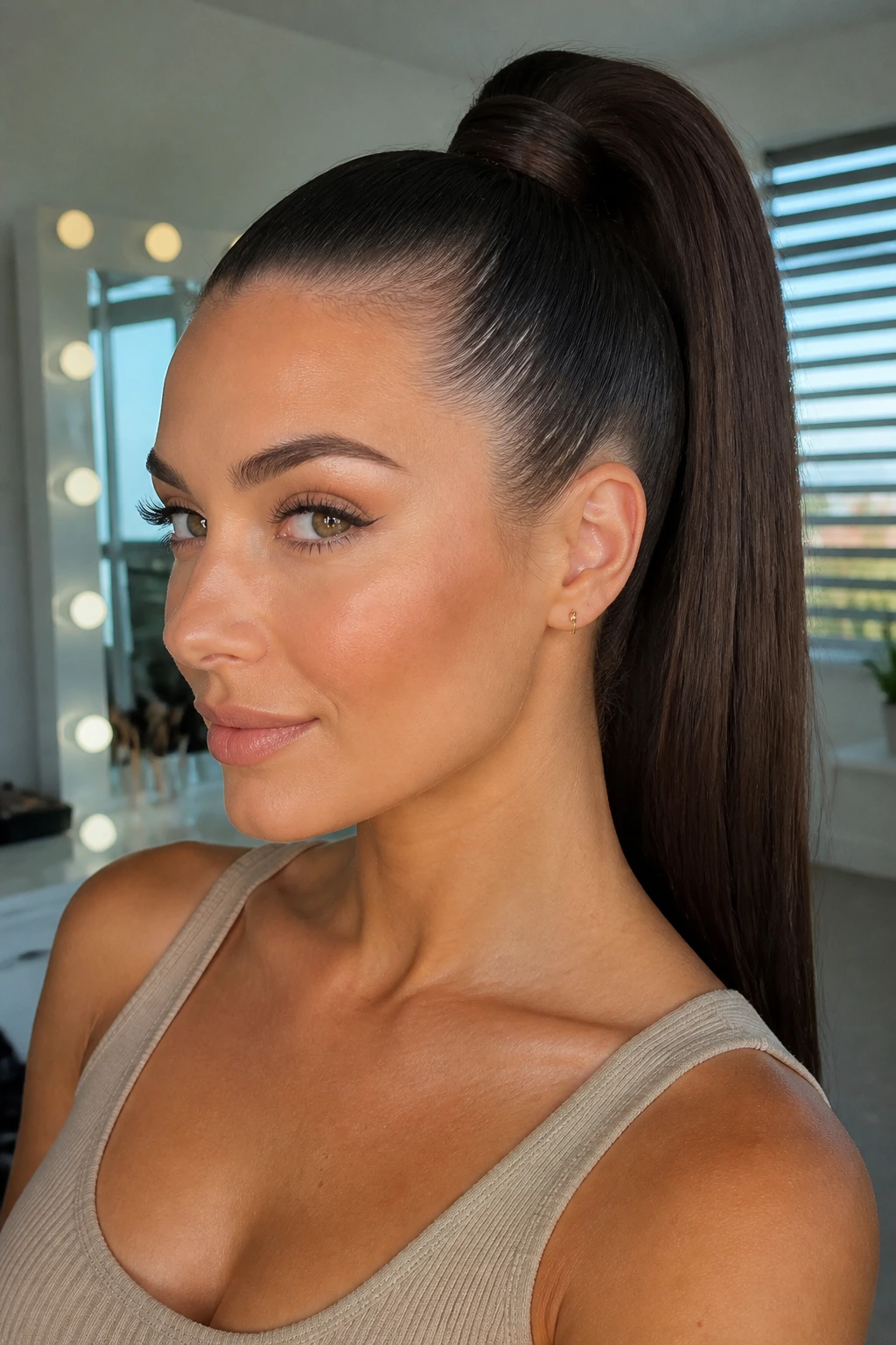Head-and-shoulders portrait of a woman with a sleek high ponytail and wrapped base