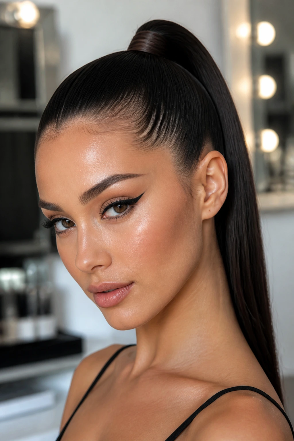 Real woman with sleek high ponytail wrapped base