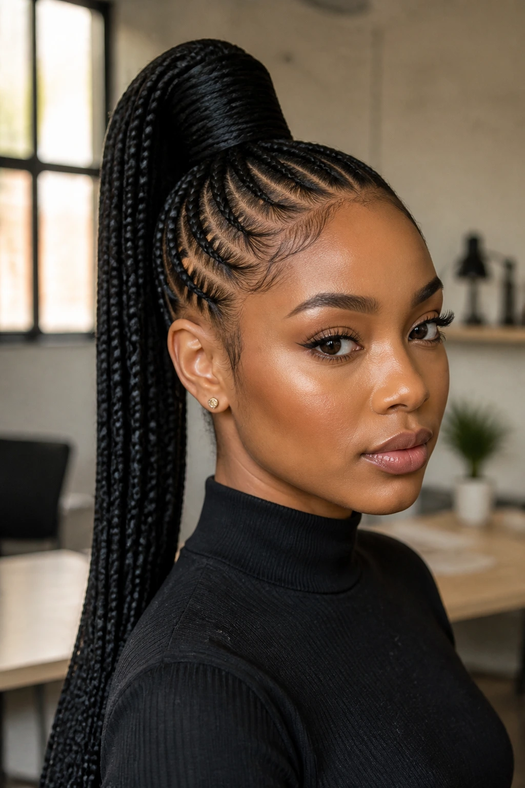 Close-up of a real person with a wrapped high ponytail and braided base.