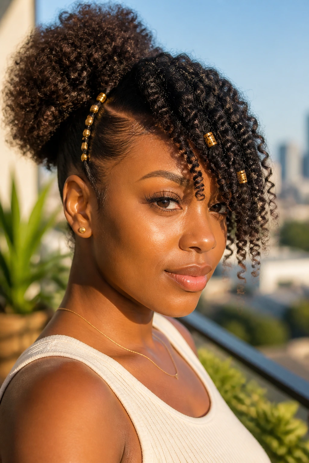 Close-up of a real Black woman with a high puff and beaded accents on the curls.