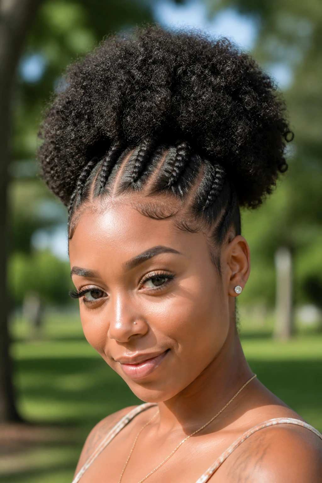 Close-up of a real woman with a high puff and front braid detail