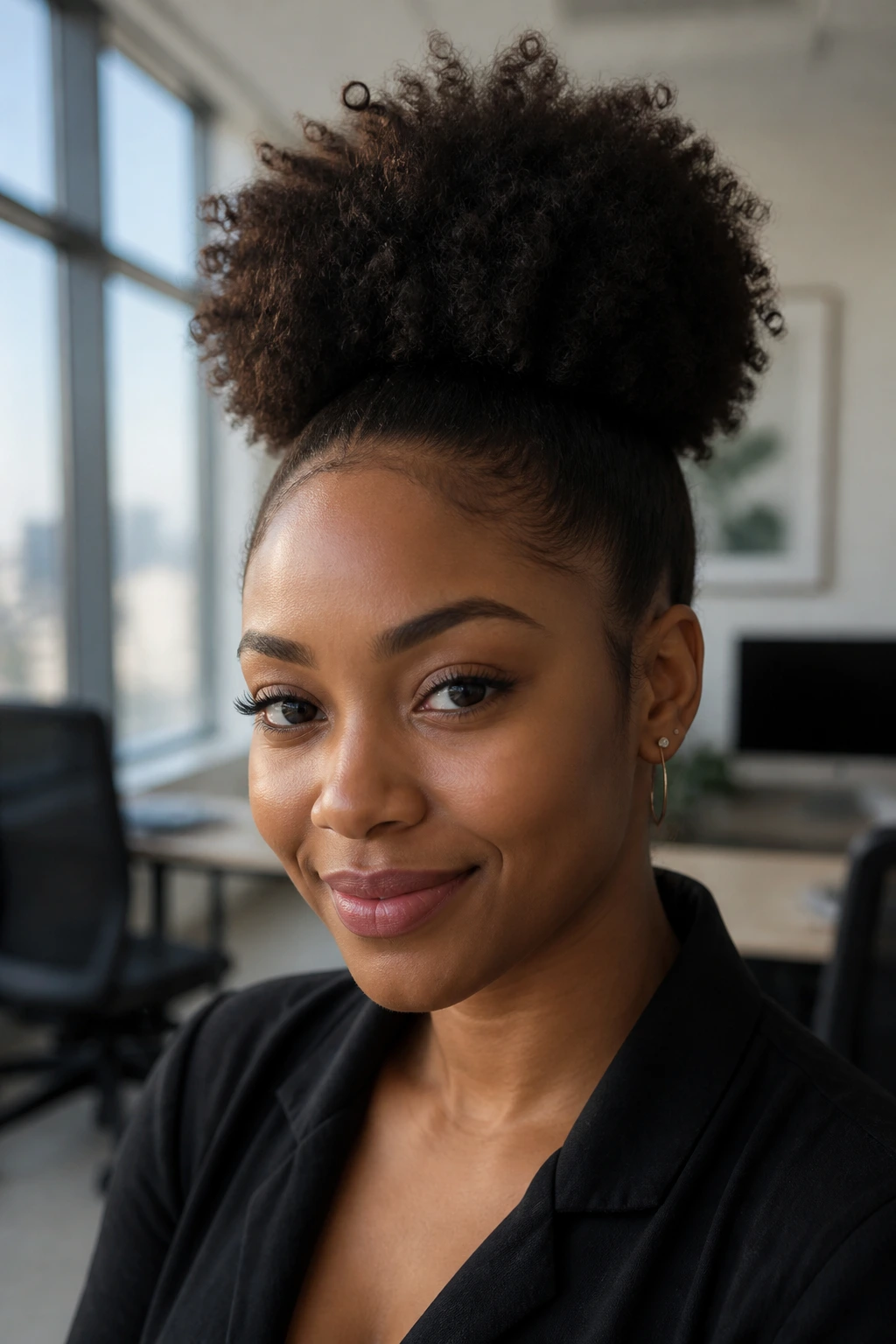 Close-up of a woman with a high puff hairstyle in a sunlit room
