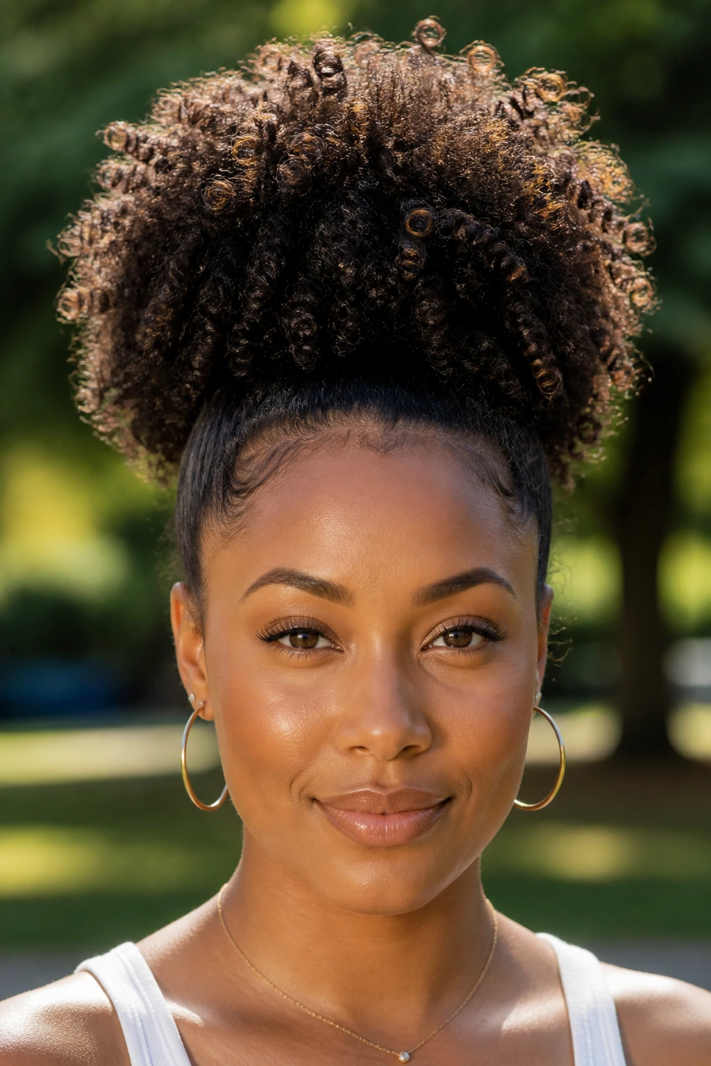 Real woman with a high, voluminous curly puff on top of her head