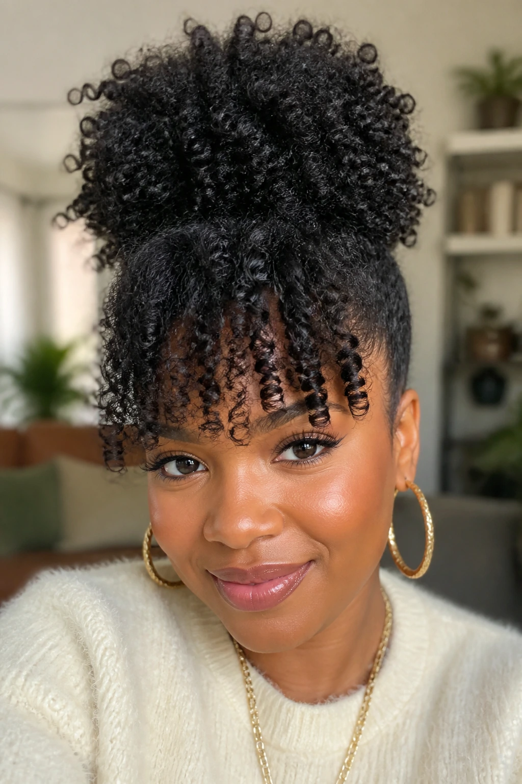 Portrait of a person with high puff and curly clip-in bangs in cozy indoor light