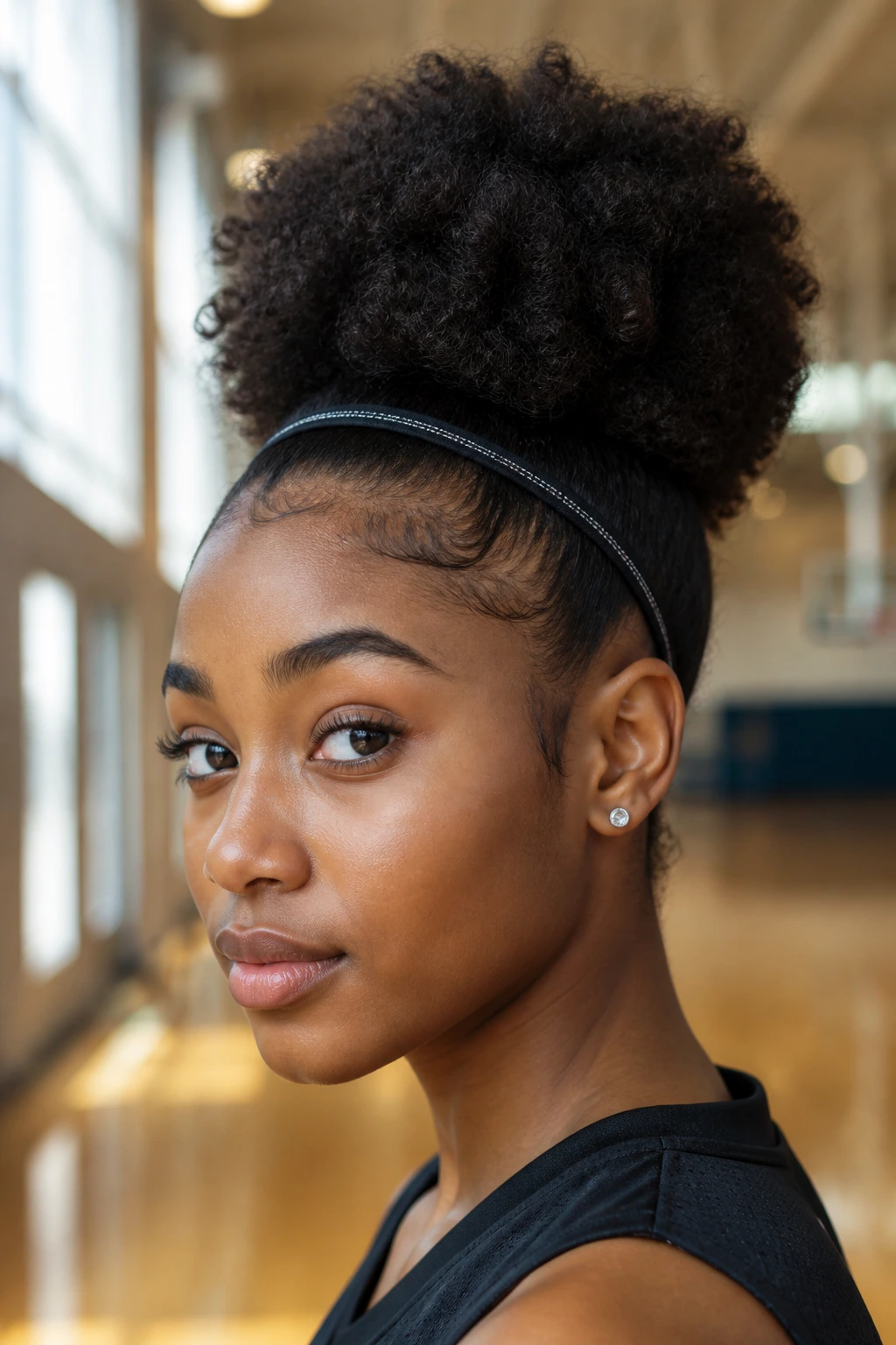 Real person with a high puff and non-slip headband