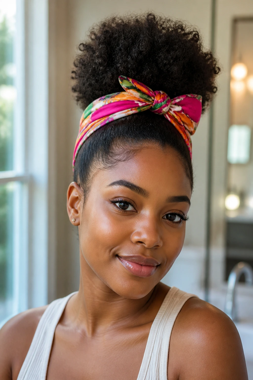 Close-up of a real woman with a high puff secured by a silk scarf.