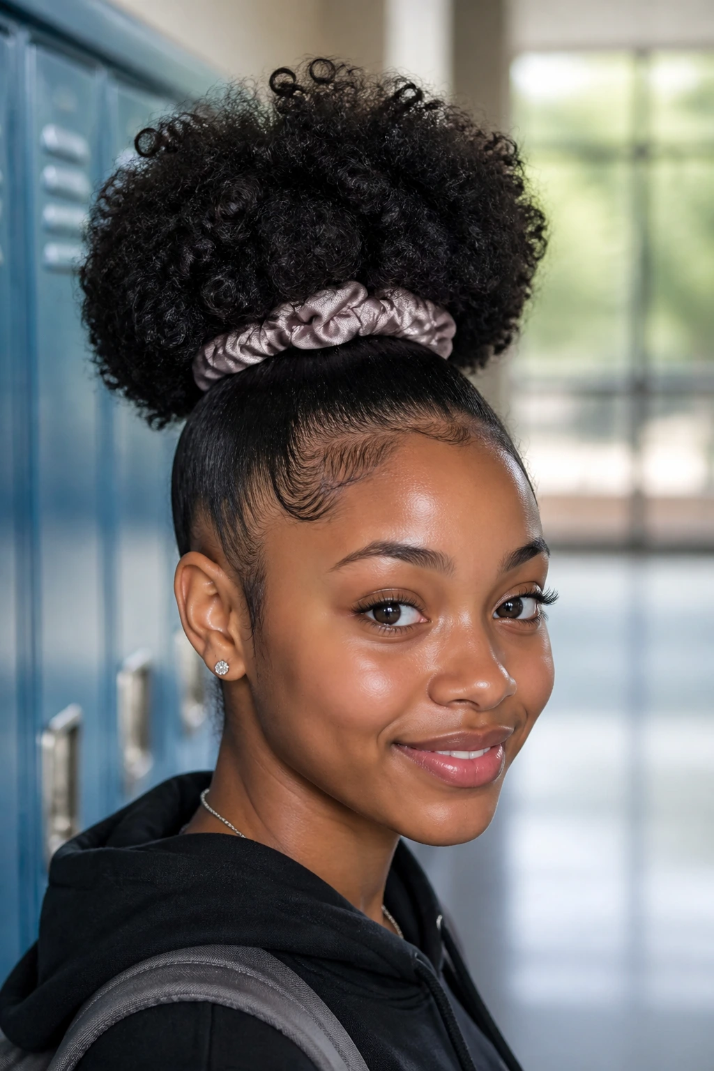 Close-up of a real student with a classic high puff and sleek edge in a school hallway.