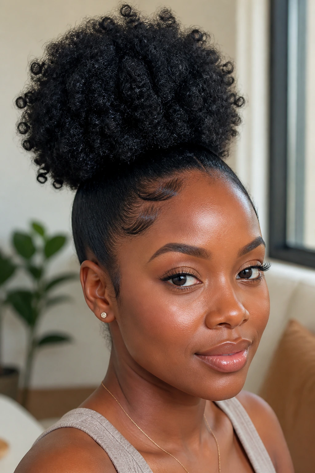 Portrait of a woman with a high puff and sleek edges.