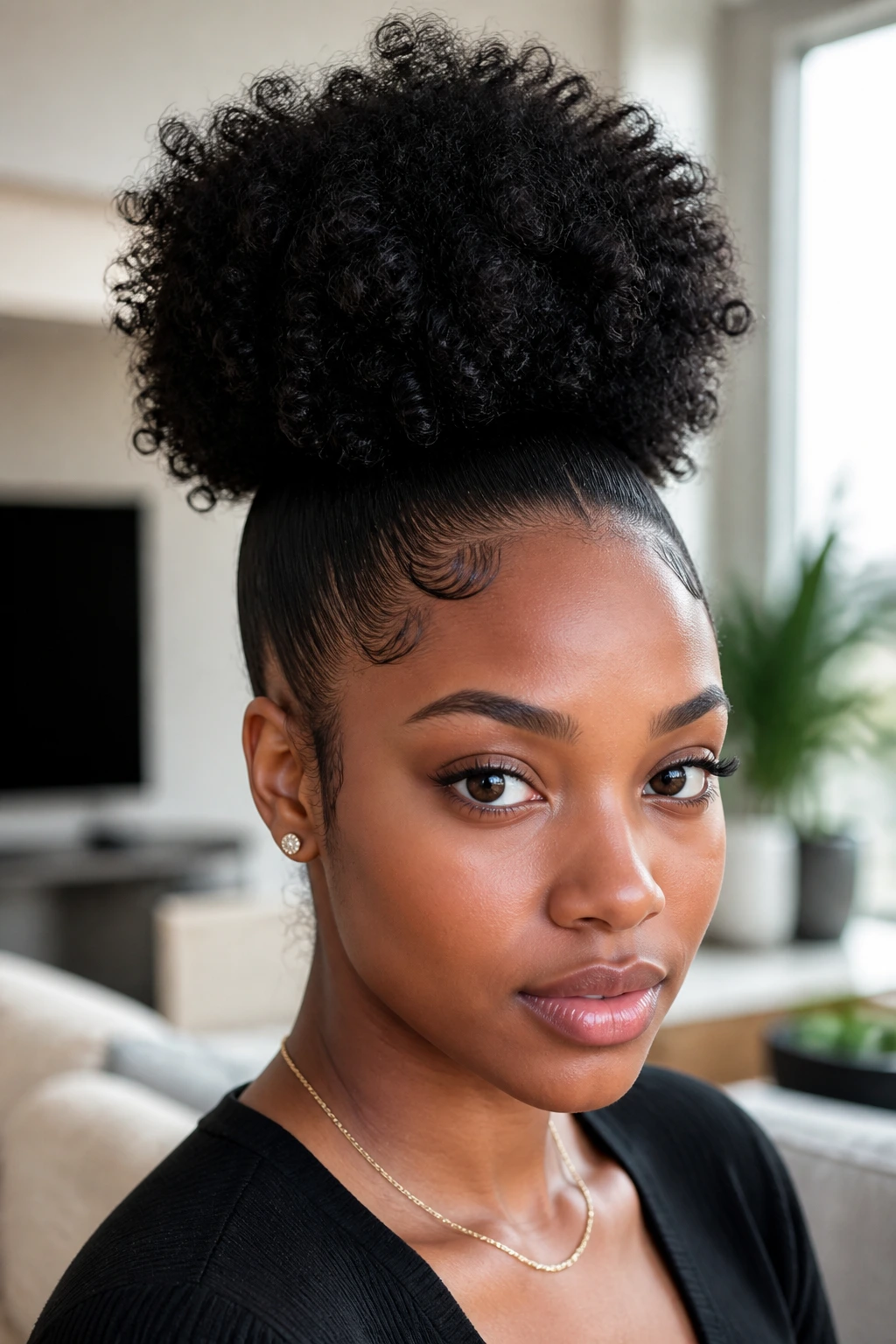 Close-up of a person with a high puff and sleek edges in window light
