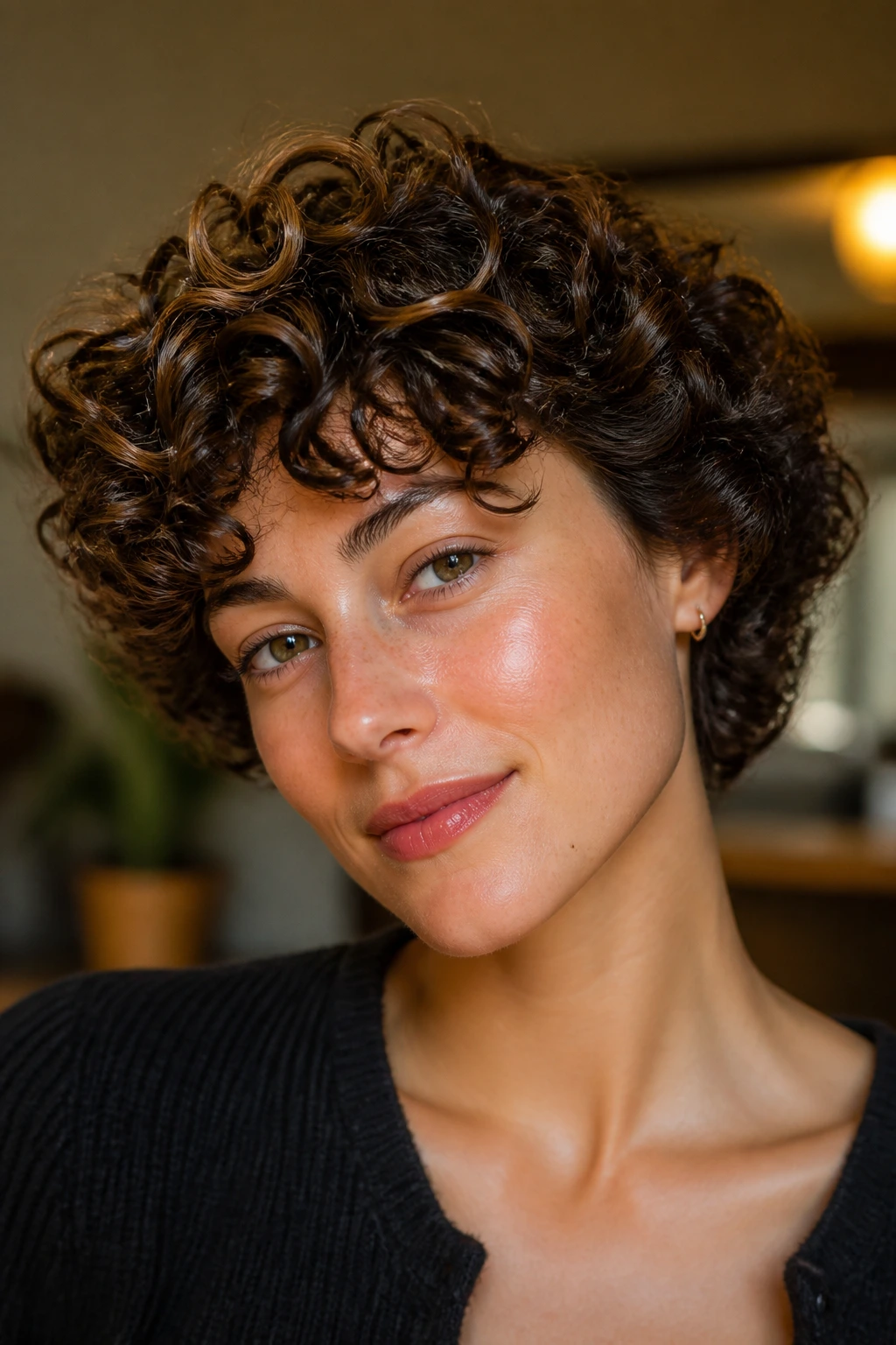 Portrait of real woman with high-shine curled hair
