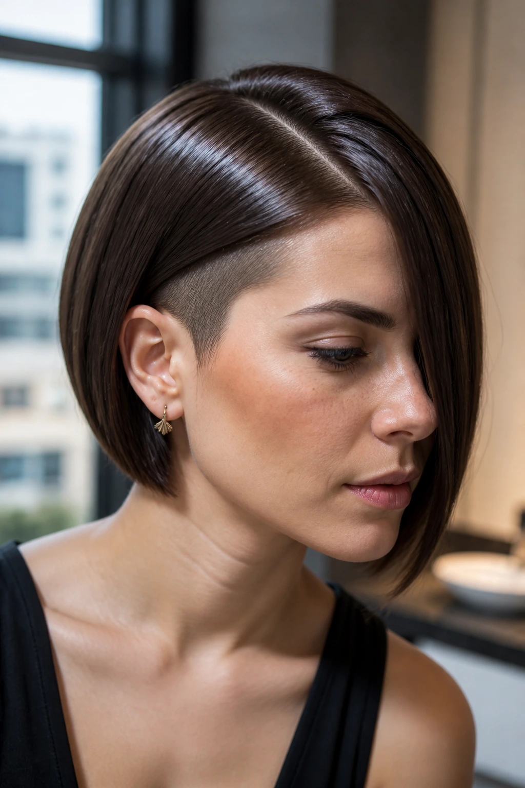 Close-up of a real person with a high-shine undercut bob showing glossy, smooth hair.