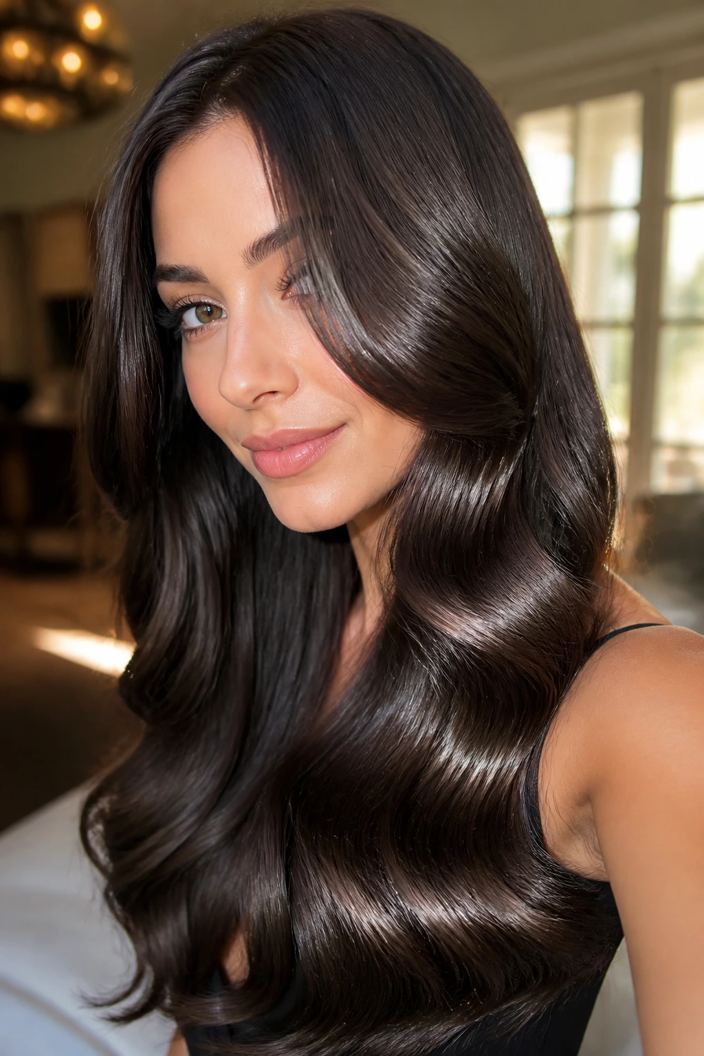 Close-up of a real person with glossy liquid glass waves.