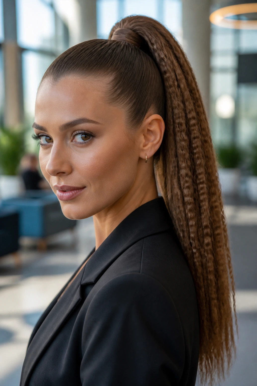 Medium close-up of a real woman with a high sleek ponytail and crimped lengths in a modern office