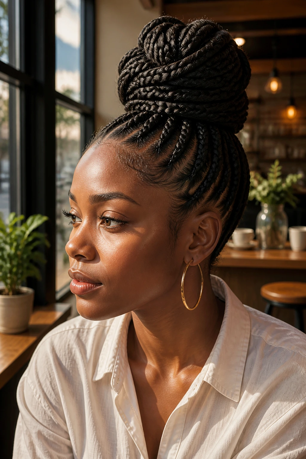 Close-up of high-top braided bun on a real person in a cafe setting