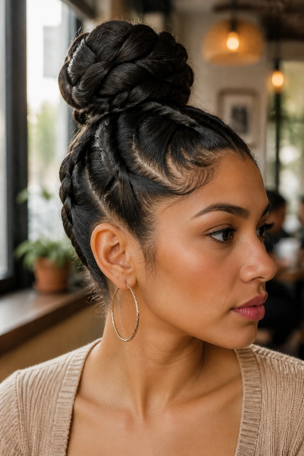 Close-up of a real woman with a high-top braided topknot.
