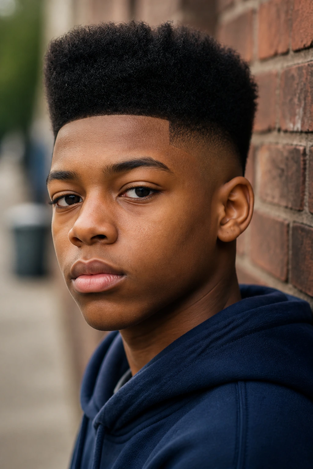 Teen with high top fade in urban street portrait