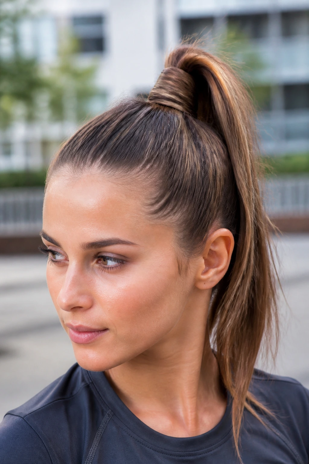 Close-up of a real woman with a wrapped high-top ponytail