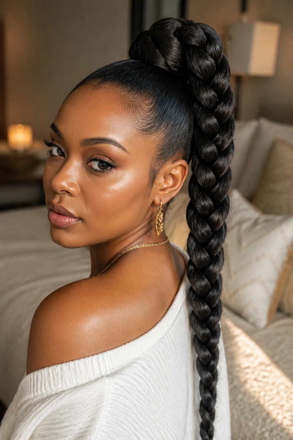 Close-up of a real woman with a giant high-volume ponytail braid