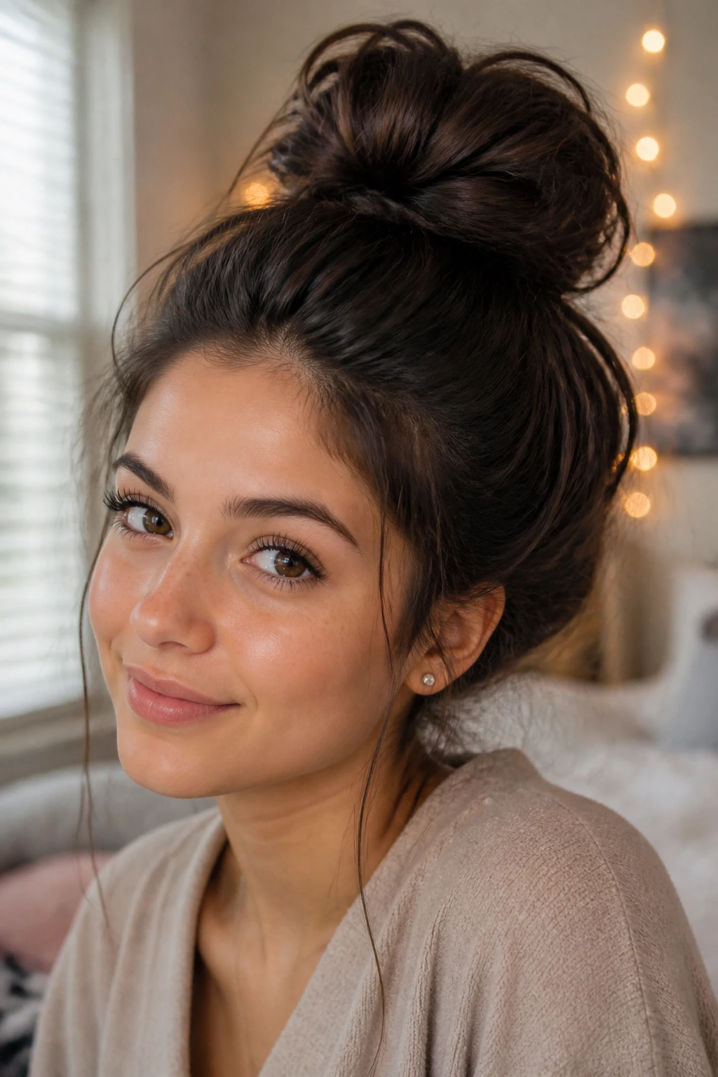 Close-up of a real woman with a loose high-volume bun in a cozy bedroom