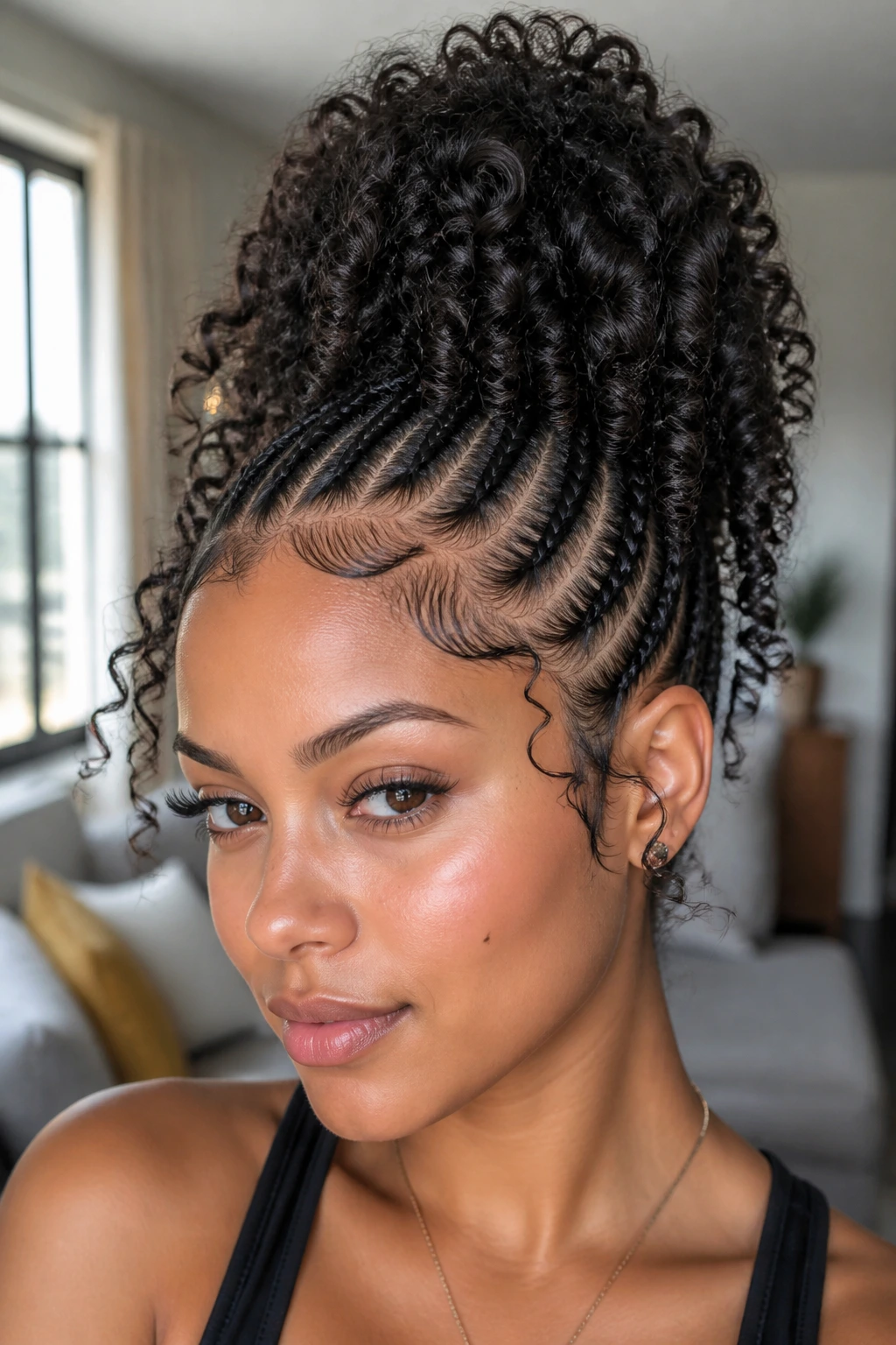 Close-up of a real woman with braided ends curled in a high-volume style