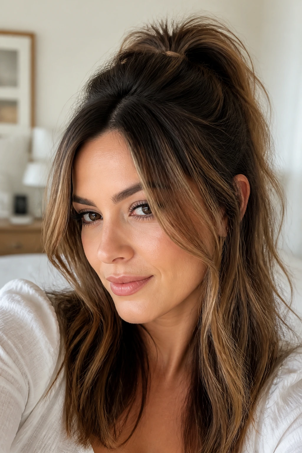 Close-up of a real woman with teased crown and high-volume half-up